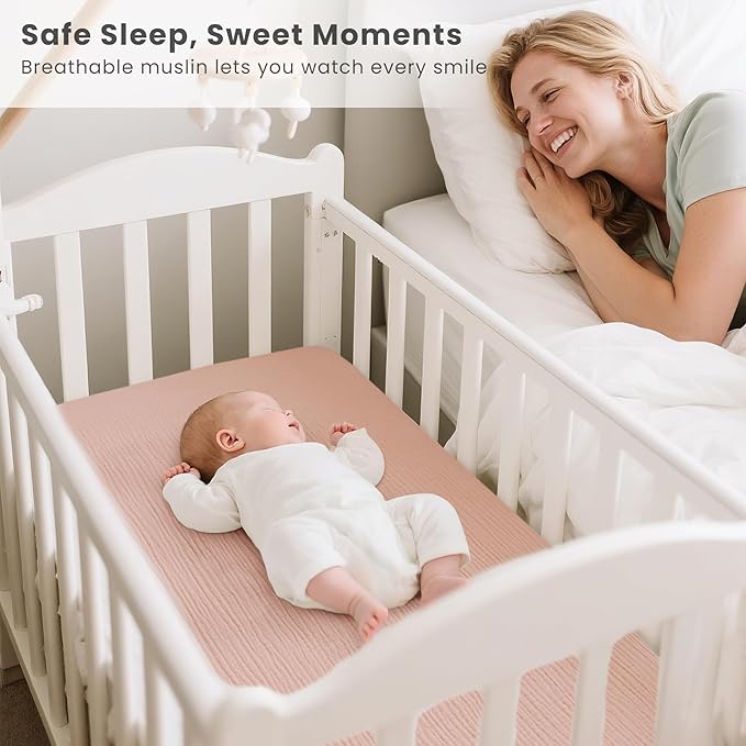 Konssy Muslin Fitted Bassinet Sheets 2 Pack for Baby Girl Boy, Soft Breathable Baby Bassinet Sheets Fit for Bassinets, Cradle, Moses Basket Oval Rectangle Pad/Mattress (Pink, Cream, Bedside Sleeper)