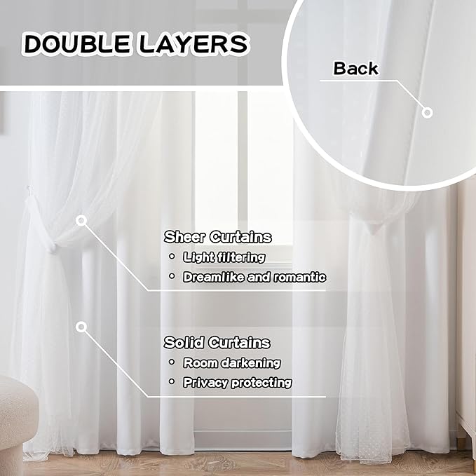 MYSKY HOME White Curtains for Girls Bedroom & Nursery Kids Cute Curtains Double Layer with Polka Dots Sheer, Grommet Tops, 52x84 Inch Each Panel, 2 Panels