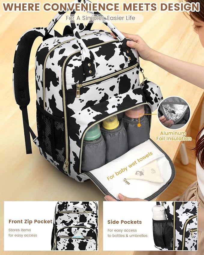 Diaper Bag Backpack,Baby Essentials Diapers Bag with Pacifier Case,Multipurpose Stylish Large Capacity Travel Backpack for Baby Girl/Boy(L-Cow Print)