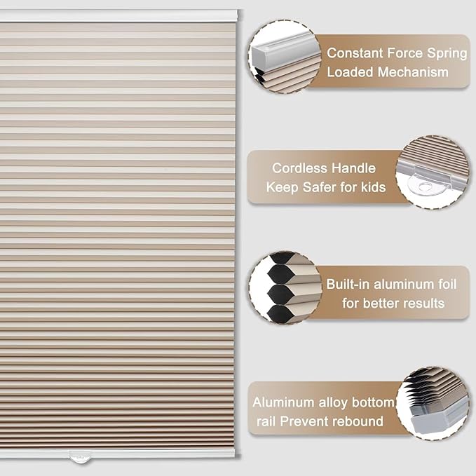 MYshade Cordless Blackout Cellular Shades, 1.5" Honeycomb Window Blinds for Bedroom & Nursery, Thermal Insulated, Noise Reducing, Privacy Shades, Inside or Outside Mount (54" W x 72" H, Beige)