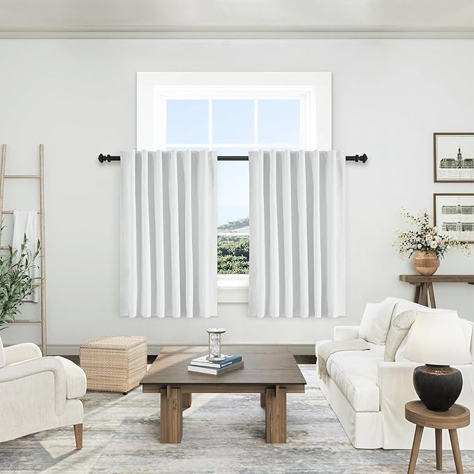 White Ivory Linen 100% Blackout Curtains 45 Inches Long 2 Panels Set for Kitchen Back Tab Thermal Insulated Black Out Linen Drapes Room Darkening Short Window Curtains 45 Inch Length