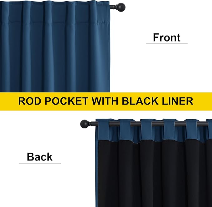 NICETOWN Moroccan Blue 100% Blackout Window Curtain Panels, Cold and Full Light Blocking Drapes with Black Liner for Nursery, 84 Inches Drop Thermal Insulated Draperies, 52 inches Wide, 2 Pieces