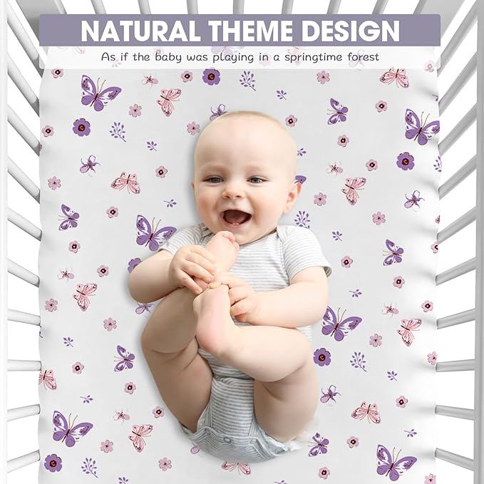 Bimocosy Crib Sheets 4 Pack, Baby Crib Sheets Fitted for Boys and Girls Breathable & Snug Fit, Soft Toddler Bed Sheets for Standard Crib Mattress Nursery Daycare Essentials, Butterfly Meadow