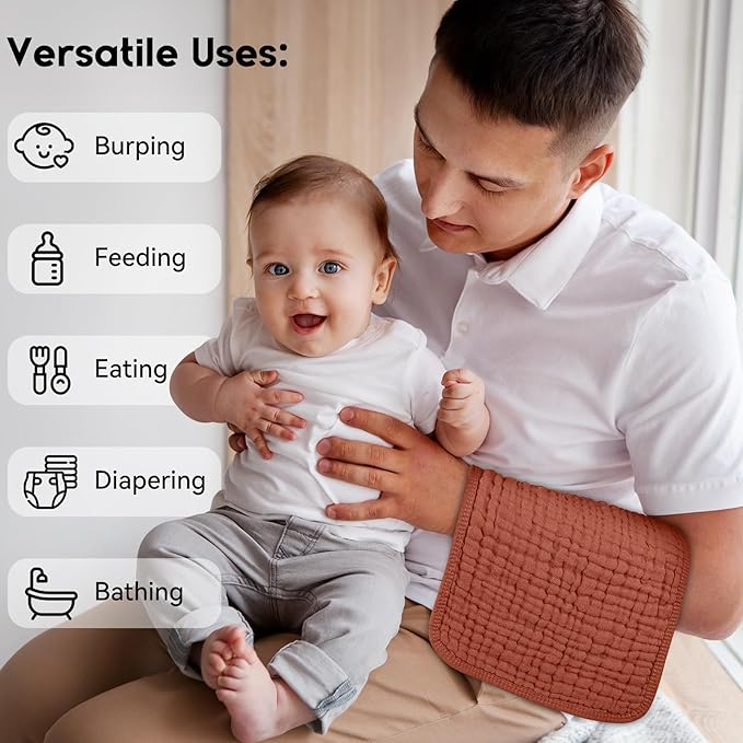Unnivoll Muslin Burp Cloths for Baby 100% Cotton Burping Cloths for Boys Girls Large 20''X10'' Extra Soft and Absorbent 12 Pack - Gradient Caramel