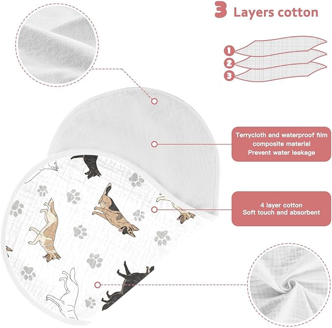 1 Pack Muslin Burp Cloths German Dogs Paw White Cotton Baby Burp Cloths Extra Absorbent and Soft Burping Cloth for Baby Boys Girls 22x11 Inch