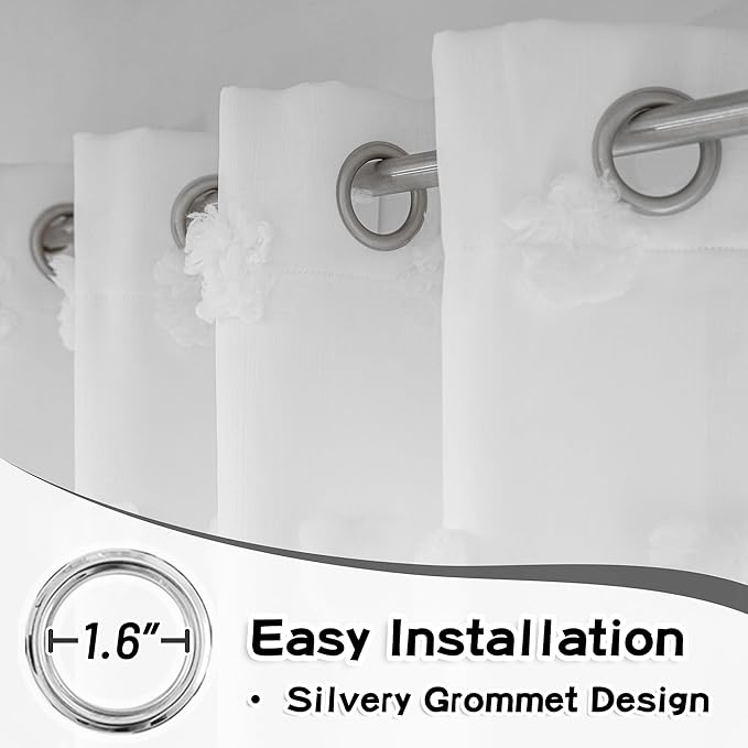 MYSKY HOME Curtains for Living Room and Bedroom - White Pom Pom Sheer Window Panels, 95 Inch Length, Room Darkening, Double Layer, Grommet, Extra Long