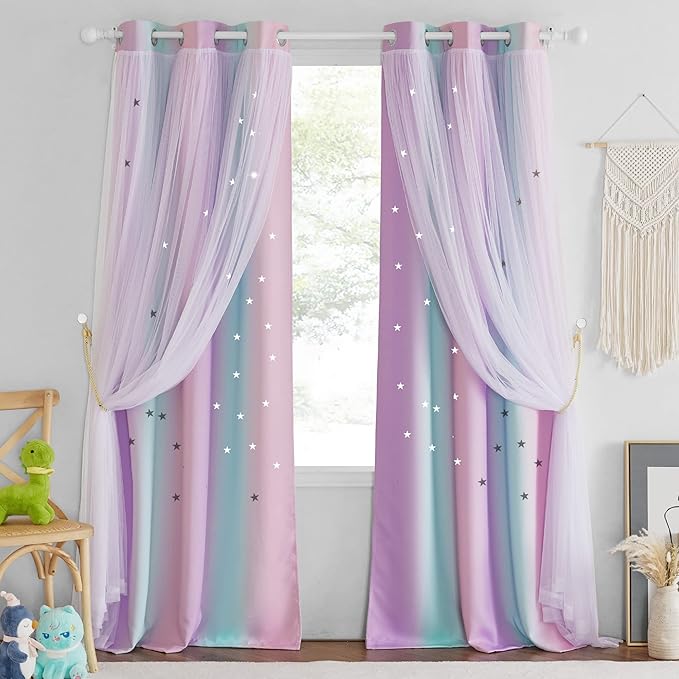 NICETOWN Living Room Blackout Curtains - Nursery Star Cut Out Double-Layered Curtains Rainbow Drapes for Nursery/Bedroom/Sliding Glass Door (42x84 inches, Blue & Purple & Pink, 2 Panels)