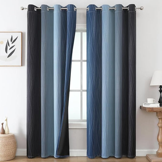 Estelar Textiler Blackout Curtains 102 Inches Long 2 Panels for Living Room, Navy Blue and Black Thermal Insulated Full Light Blocking Ombre Grommet Drapes for Bedroom, 52Wx102L