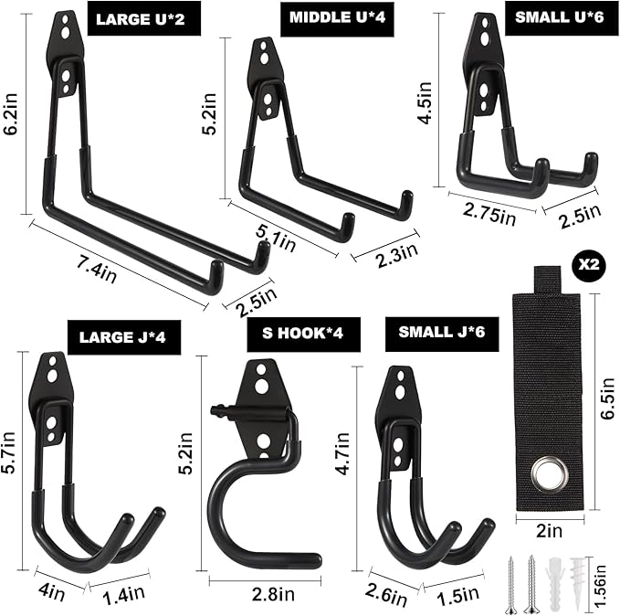 Garage Hook Heavy Duty Wall Storage Hangers, 28 Pack Garage Storage Hooks Steel Tool Black for Ladders, Ropes, Garden Tools