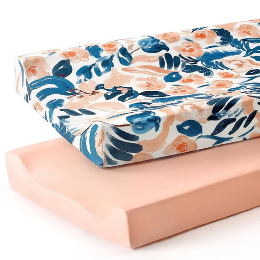GRSSDER Stretch Ultra Soft Jersey Knit Changing Pad Cover Set 2 Pack, Change Table Pad Covers Fit 32"/34" x 16" Pads Safe and Snug, Beautiful Blush Floral Print for Girls