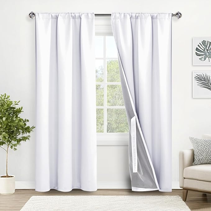 XWZO White Blackout Curtains with Tiebacks - Rod Pocket & Back Tab Heat and Full Light Blocking Window Panels for Bedroom/Nursery, 84 Inches Long Thermal Insulated Draperies, W42 x L84, Set of 2