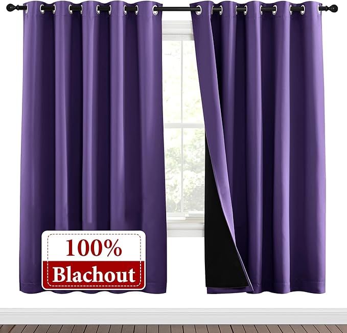 NICETOWN Lilac Purple Full Shade Curtain Panels, Pair of Energy Smart & Noise Blocking Out Blackout Drapes for Dining Room Window, Thermal Insulated Guest Room Lined Window Dressing(70 x 72 inch)