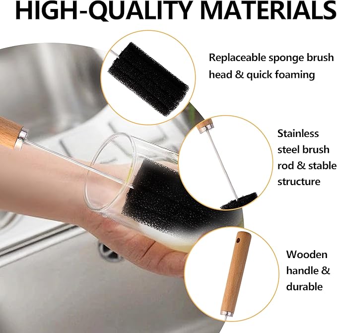 Mektler Water Bottle Cleaner Brush Baby Bottle Cleaner Brush Set Long Handle Sponge Cleaning Brush for Beer Bottles, Cups, Wine Glasses, Coffee Mugs, Tumblers, Thermos,Replaceble Brush Head (3-Pack)