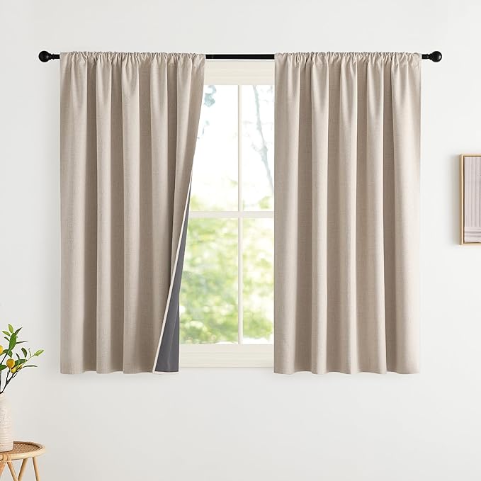 NICETOWN Natural Faux Linen 100% Blackout Curtains, 2 Panels Set, 42 x 45 Inch, Rod Pocket Thermal Insulated Room Darkening Drapes for Bedroom, Nursery, Modern Farmhouse Decor, Noise Reducing