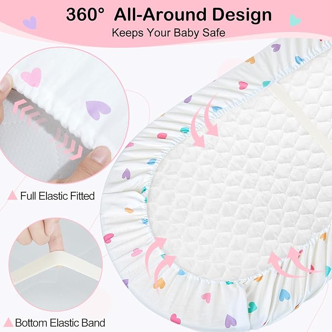 FIOBEE Baby Bassinet Sheets for Girls Boys 2 Pack Waterproof Bassinet Mattress Elastic Fitted Crib Sheets Universal Fit for Hourglass Oval and Rectangle Bassinet Sheet, White & Pink