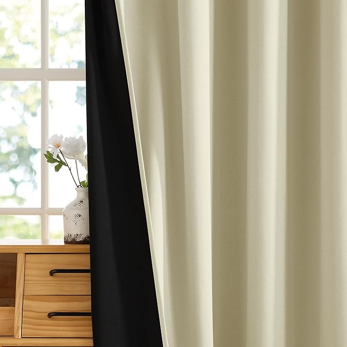 RYB HOME 100% Blackout Beige Curtains for Living Room, Heat Blocking Energy Efficient Farmhouse Window Drapes for Bedroom Nursery, 52 inches Wide by 63 inches Long, Light Beige, 2 Panels