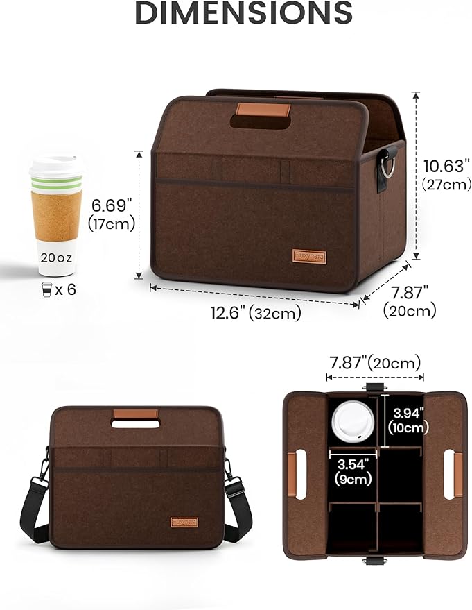 Fluxynara 6-Cup Reusable Felt Drink Carrier with Handle and Adjustable Shoulder Strap, Drink Holder for Car, Multi-Cup Drink Carrier Bag for Delivery, Travel, Picnics (Coffee Brown)