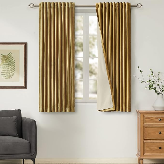 100% Full Blackout Golden Velvet Curtains 63 inch Long for Living Room,Set of 2 Panels Liner Rod Pocket Back Tab Thermal Window Curtains Room Darkening Heavy Decorative Curtains Drapes for Bedroom