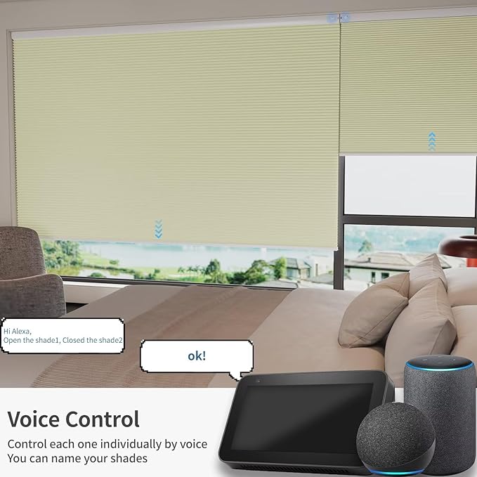 MYshade Motorized Cellular Shades - Smart Blinds Compatible with Alexa/Google Home/SmartThings, 100% Blackout Rechargeable Cordless Honeycomb Blinds, Custom-Size Auto Shades for Windows (Beige)