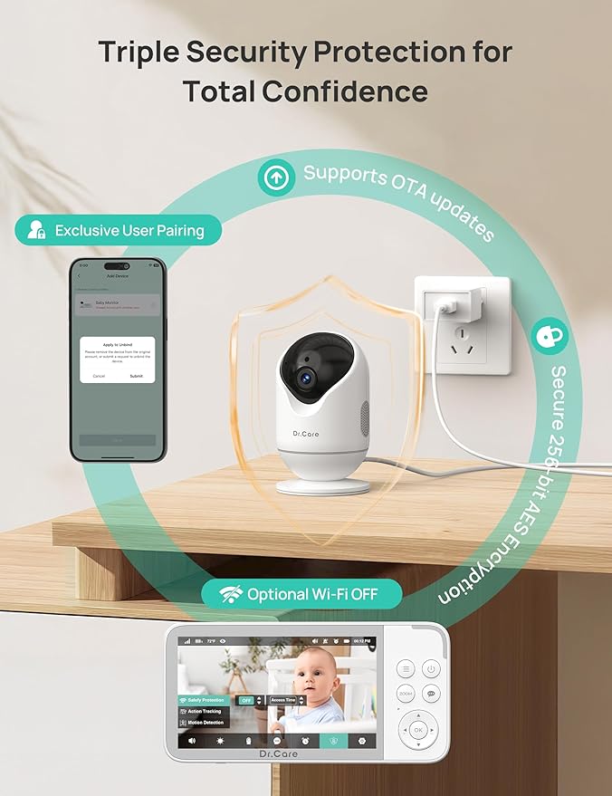 Dr.Care VistaView 5” Smart WiFi Baby Monitor - 2K Camera App Control & 1080P Split Screen, Cry & Motion Detection, Pan-Tilt-Zoom, Night Vision, Video Recording, Triple Security, 2-Way Audio, 5000mAh