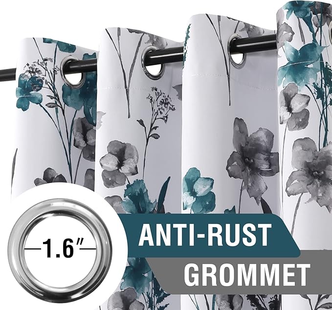 H.VERSAILTEX 100% Blackout Curtains 108 inch Length 2 Panels Set Cattleya Floral Printed Drapes Leah Floral Thermal Curtains for Bedroom with Black Liner Sound Proof Curtains, Grey and Teal