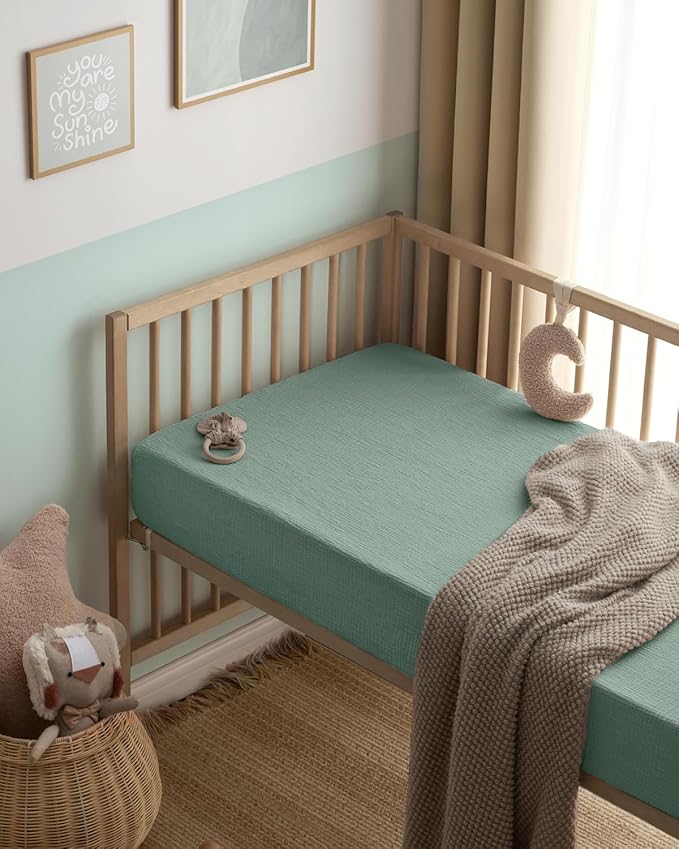 Blissful Diary Muslin Mini Crib Sheets, Pack and Play Mattress Sheets Fitted for Pack N Play, Soft Cotton for Boys Girls, 2 Pack(Sage Checkboard & Sage Green)