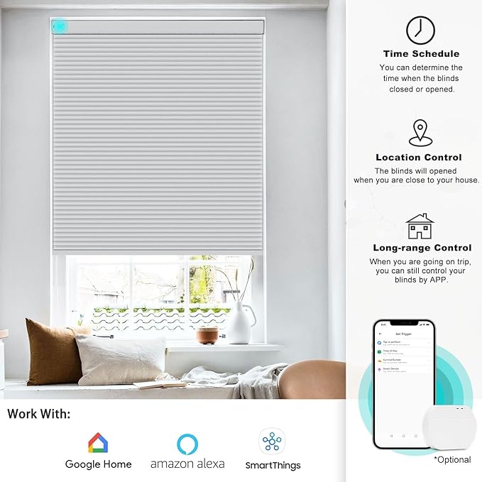 Changshade Motorized Cellular Shades with Remote Control Smart Blinds Compatible with Alexa, Google Home, Smarthings, Custom Size Electronic Automatic Shades for Indoor Windows Doors, Blackout, White