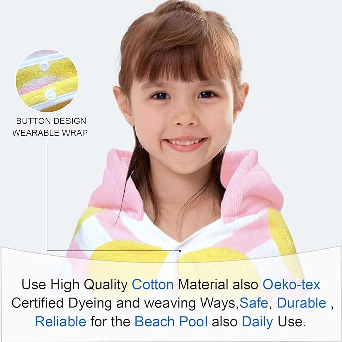 VOOVA & MOVAS Kids Bath Towel with Hood(3-10Years), Quick Dry Absorbent Lightweight Towel Wrap for Pool | Swim | Bath | Beach, Pink Strip Dot