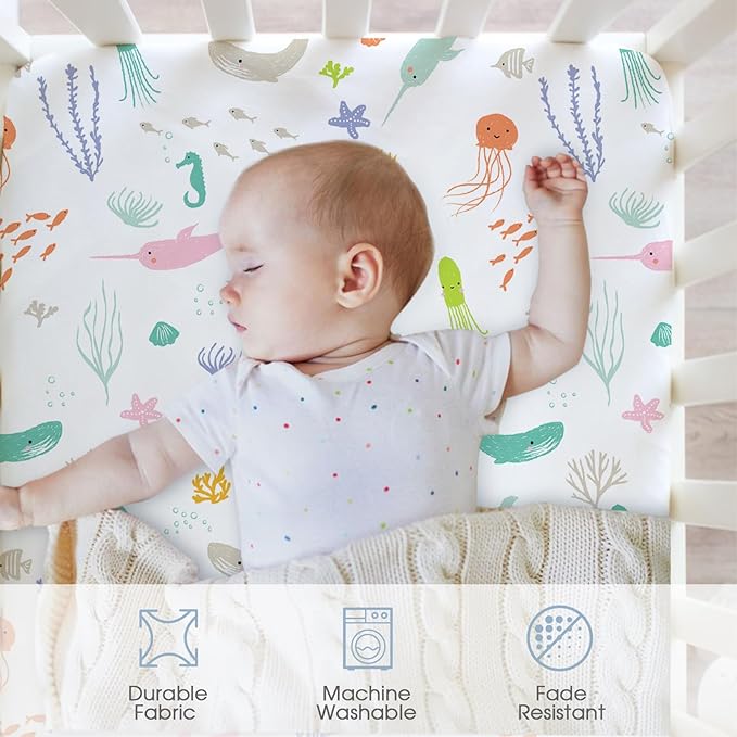 Little Grape Land Crib Sheets 4 Pack, Microfiber Fitted Crib Sheet for Standard Crib Mattress 52"x28"x8", Soft and Neutral Baby Crib Sheets for Boys and Girls, Breathable & Easy Care, Sea Breeze