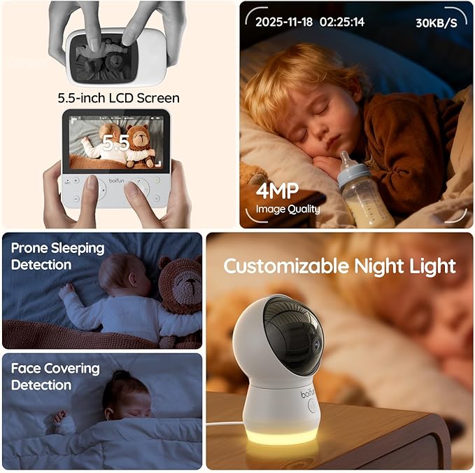BOIFUN 5.5" AI 4MP Baby Monitor Pro Max: App (Wi-Fi) and Monitor (No Wi-Fi) Control, Upgrade AI Detection (Tummy Sleeping & Face Area), Colorful Night Light, 360° Camera, Motion & Sound Detection