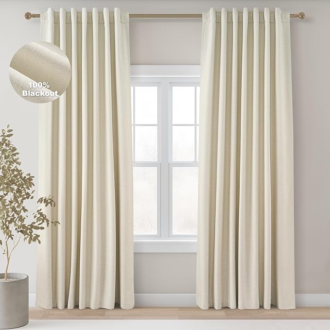 Topfinel 100 Inch Long Ivory White Black Out Custom Drapery Panels, Ceiling Neutral Country Opaque Window Coverings, Sun Blocking Back Tab Modern Heat Blocking Back Tab Curtains for Bay Window