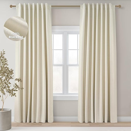 Topfinel 102 Inches Long Cream Colored Custom Total Blackout Linen Curtains, Rod Pocket Curtains with Pin Hooks for Traverse, Aesthetic Burlap Viral Drapes 2 Panels for Living Room Master Bedroom
