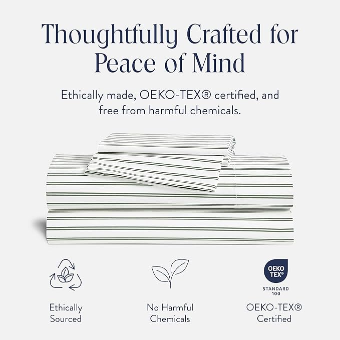 Brooklinen Luxury Sateen 4 Piece Sheet Set - 100% Cotton Bed Sheets, Soft & Durable Twin Sheet Set in Green Tandem Stripe, Oeko-TEX Certified Bedding Set, 1 Fitted Sheet, 1 Flat Sheet, 2 Pillowcases
