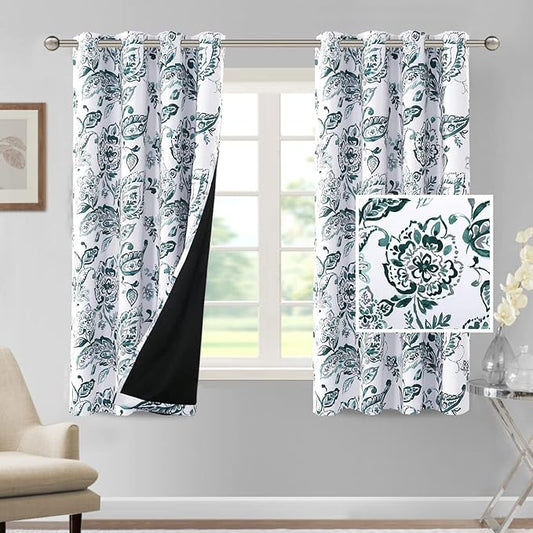 H.VERSAILTEX 100% Blackout Curtains for Bedroom Paisley Floral Printed Curtains 63 Inches Long Grommet Curtains & Drapes Thermal Curtains Window Treatments with Black Liner 2 Panels, Teal