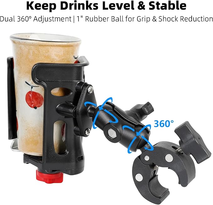 Motorcycle Cup Holder, Upgraded Adjustable Angle Drink Holder for Large Water Bottles (2.36" to 3.54" Dia), Universal Water Bottle Holder for Bike Scooter Boat Stroller Golf Push Cart Wheelchair