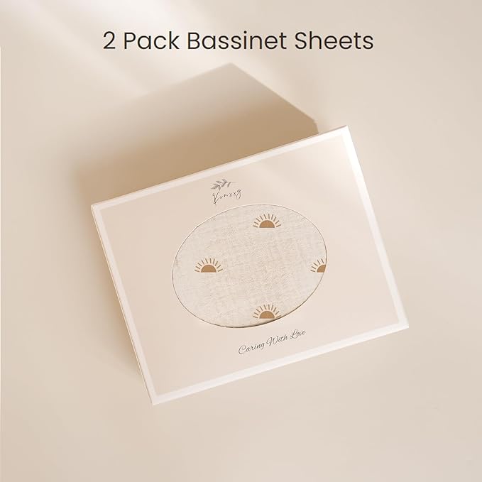 Konssy Muslin Bassinet Sheets for Baby Girl Boy, 2 Pack Soft Breathable Baby Bassinet Mattress Sheets Fit for Hourglass Oval Cradle, Moses Basket Rectangle Mattress (Camel, Sun)