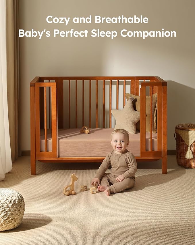 Muslin Crib Sheets for Boys Girls, 100% Cotton Fitted Crib Sheet 2 Pack for Standard Crib and Toddler Mattress, Breathable Soft Baby Sheet 28x52x8in Beige & Brown