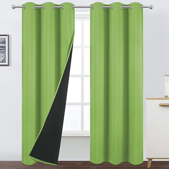 LEMOMO 100% Blackout Curtains 40 x 84 Inch/Light Green Curtains 2 Panels with Black Lining Room Darkening Thermal Insulated Bedroom Curtains