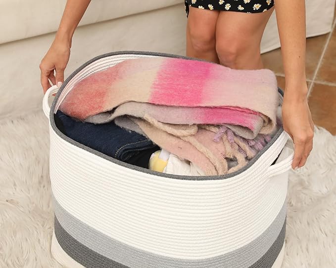 22"x14"x18" Rectangular Extra Large Storage Basket With Lid, Large Cotton Rope Storage Basket, Woven Laundry Hamper, Cloth Storage Bin, for Clothes Towels Blankets in Living Room, Double Graded Grey