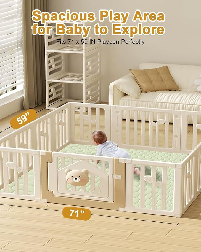 Premium Foam Baby Play Mat 71" x 59" with Removable Cover, Extra Thick Padding Playpen Mat, Non-Slip Floor Mat, Stylish & Easy to Clean for Crawling Baby, Infants & Toddlers, Green