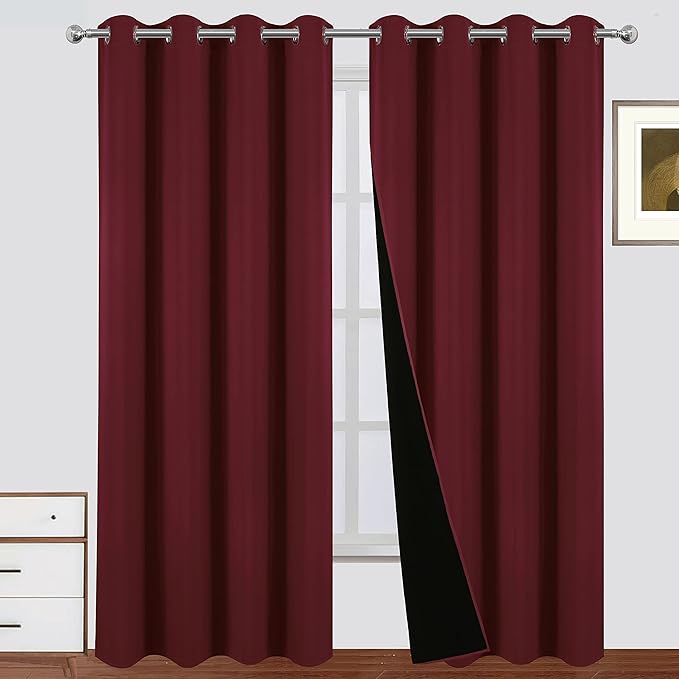 LEMOMO 100% Blackout Curtains 52 x 84 Inch Burgundy Red Curtains 2 Panels Darkening Thermal Insulated Bedroom Curtains