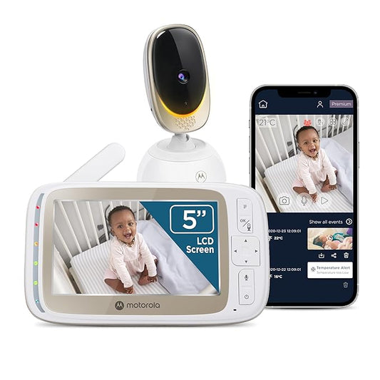 Motorola Nursery WiFi Video Baby Monitor with Camera and Audio, 5" Screen, HD Camera, Remote Pan-Tilt-Zoom, Smartphone App Access, 2-Way Talk, Night Vision, Temperature and Motion Alerts - VM85