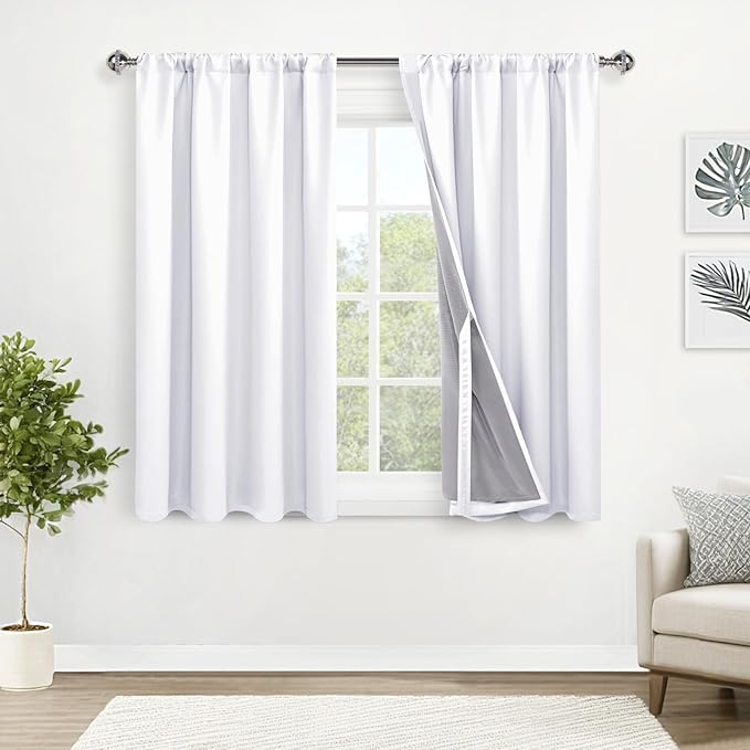 XWZO 100% Blackout Curtains with Tiebacks- Double Layers Completely Shaded Window Panels Thermal Insulated Lined Drapes for Bedroom/Living Room, Rod Pocket/Back Tab, White, W52 x L54, Set of 2 Panels