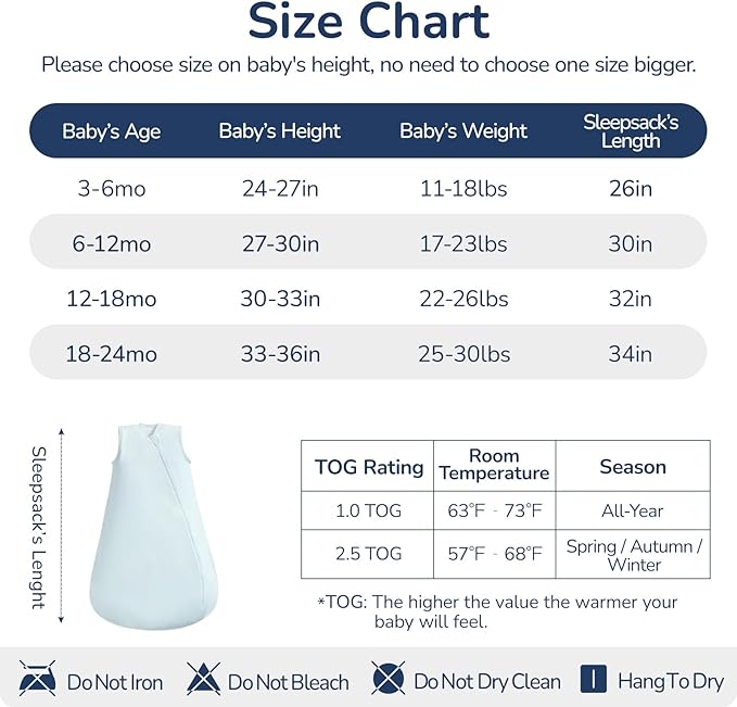 usbettas 1.0 Tog 2.5 Tog Baby Sleep Sack, 100% Cotton Baby Sleeping Bag 3-24M, 2-Way Zipper Baby Wearable Blanket