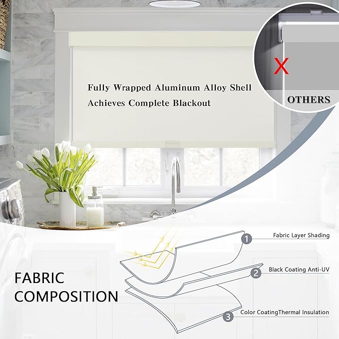 AOSKY Blackout Roller Shades Cordless Blinds for Windows, Free-Stop Shades with Valance, Thermal Insulated Fabric, UV Protection, Natural Woven Blinds for Home and Office (63" W x 72" H, Ivory)
