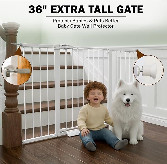 Mumeasy 36" Extra Tall Baby Gate for Doorways, 29.7"-57" Extra Wide Dog Gate for Stairs, Pressure Mounted Auto Close Pet Safety Gate with Easy Walk Thru Door, Large Indoor Child Gate for House, White