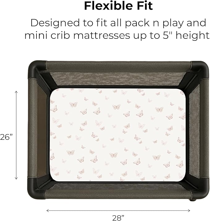 Ely's & Co. Pack and Play Sheets, for Mini/Portable Crib, 2 Pack Fitted Playpen Play Yard Sheet Set Compatible with Graco Pack n Play, for Baby Girls, 100% Cotton, 38”x24”x5” Pink Butterfly + Stripes