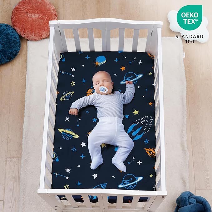 david's kids 3 Pack Mini Crib Sheets, Soft Breathable Premium Pack N Play Sheets for Baby Boys Girls Neutral, Playard and Mini Crib Mattresses, Space
