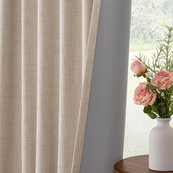 INOVADAY 100% Blackout Curtains for Bedroom, Black Out Curtains 108 Inch Long, Clip Rings Linen Blackout Drapes, Thermal Insulated Room Darkening for Living Room, 2 Panels - Oatmeal,W50xL108
