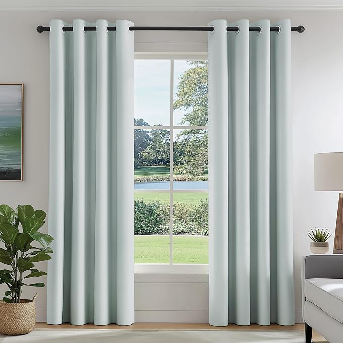 FMFUNCTEX 100% Blackout Curtains for Bedroom, Mistleaf Curtains 90 Inches Long Textured Thermal Insulated Curtains for Living Room Drapes, Black Out Drapery Grommet Room Darkening 2 Panels